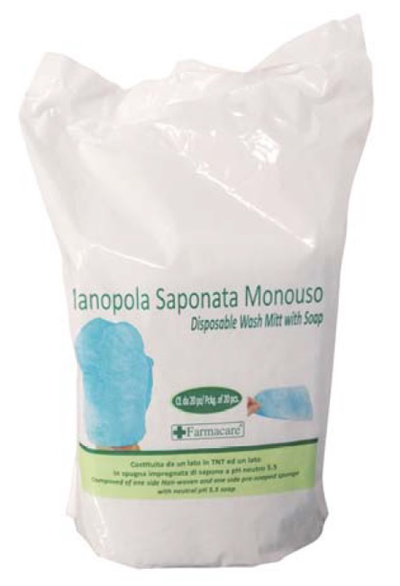 MANOPOLA MONOUSO PER LAVAGGI PARZIALI COMPOSTA DA UNA SPUGNA IN POLIESTERE SAPONATA E DA UN DRAPPO IN TESSUTO NON TESSUTO SENZA RISCIACQUO DETERGENTE A PH ISOCUTANEO - Pharmaleader