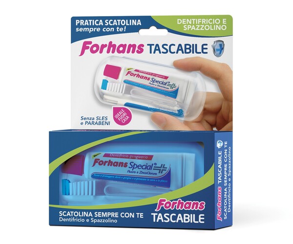 FORHANS TRAVEL KIT TASCABILE COMPOSTO DA SPAZZOLINO DA VIAGGIO + FORHANS SPECIAL PASTA DENTIFRICIA TUBETTO 12,5 ML - Pharmaleader