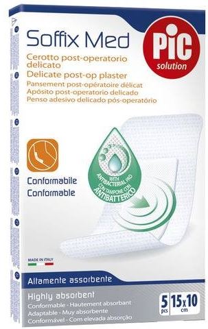 CEROTTO PIC SOFFIX MED IN TNT CON TAMPONE CENTRALE ASSORBENTE STERILE MONOUSO 10X15 CM ANTIBATTERICO 5 PEZZI - Pharmaleader