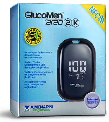 GLUCOMETRO GLUCOMEN AREO 2K PER AUTOMISURAZIONE DELLA GLICEMIA DA SANGUE INTERO CAPILLARE DIMENSIONE 85,5X56X18,2 MM PESO 46 G - Pharmaleader