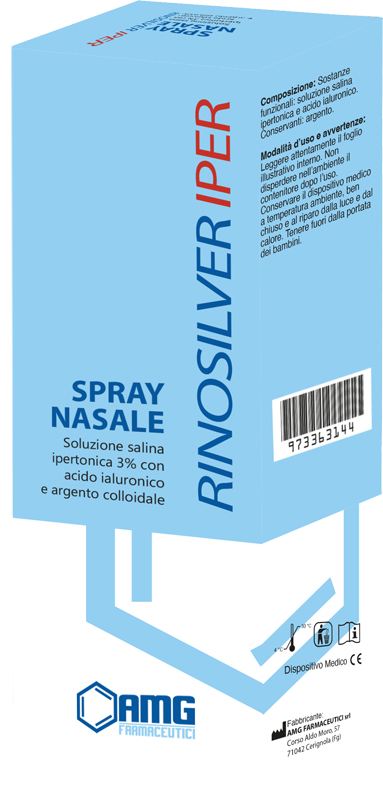 RINOSILVER SOLUZIONE SALINA IPERTONICA 3% CON ACIDO IALURONICO E ARGENTO COLLOIDALE SPRAY NASALE 20 ML - Pharmaleader
