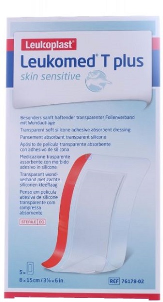 LEUKOMED T PLUS SKIN SENSITIVE MEDICAZIONE POST-OPERATORIA TRASPARENTE IMPERMEABILE CON MASSA ADESIVA AL SILICONE 8X15CM 5 PEZZI - Pharmaleader