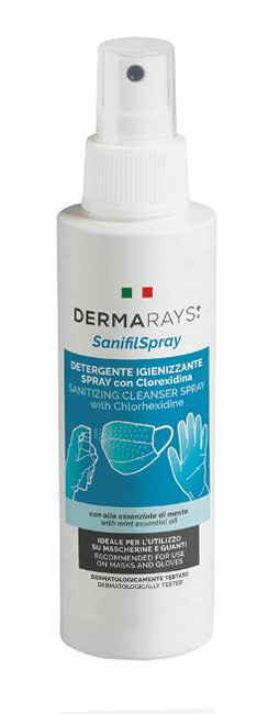 DERMARAYS SANIFIL SPRAY DETERGENTE IGIENIZZANTE SPRAY CON CLOREXIDINA PER MASCHERINE E GUANTI 100 ML - Pharmaleader