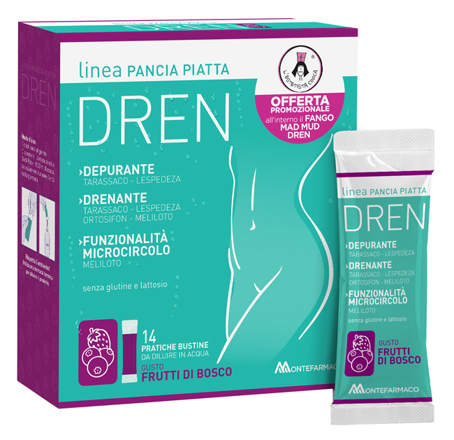 PANCIA PIATTA DREN FRUTTI DI BOSCO 14 BUSTINE STICK PACK + FANGO ATTIVO CELLULITE 100 ML OMAGGIO - Pharmaleader