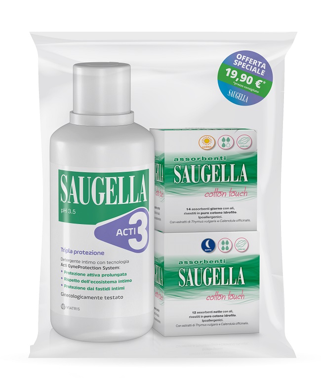 SAUGELLA ACTI3 DETERGENTE INTIMO + 2 SCATOLE ASSORBENTI GIORNO E NOTTE - Pharmaleader