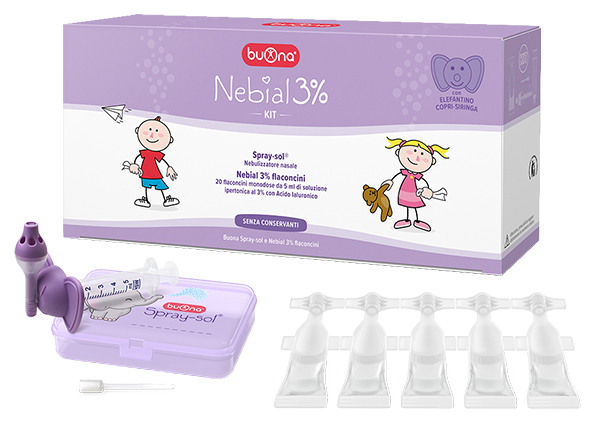 NEBIAL 3% KIT 20 FLACONCINI MONODOSE 5ML SOLUZIONE IPERTONICA CON ACIDO IALURONICO + NEBULIZZATORE SPRAY-SOL - Pharmaleader