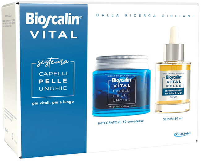 BIOSCALIN VITAL SISTEMA CAPELLI PELLE & UNGHIE BIOSCALIN CAPELLI PELLE & UNGHIE 60 COMPRESSE + SIERO RIGENERANTE VISO 30 ML - Pharmaleader